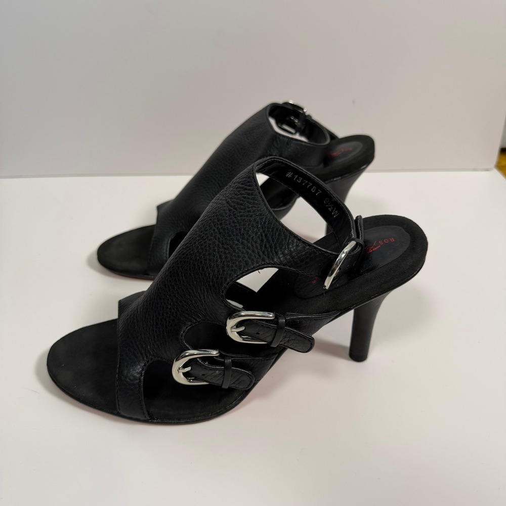 Ros Hommerson Black Pebbled Leather Buckle Slingback Heels 137787 Womens 9.5 W